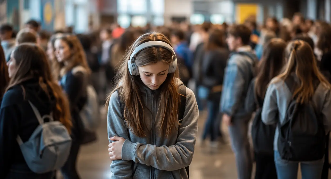 Mädchen mit Kopfhörern zieht sich in einer lauten Umgebung zurück